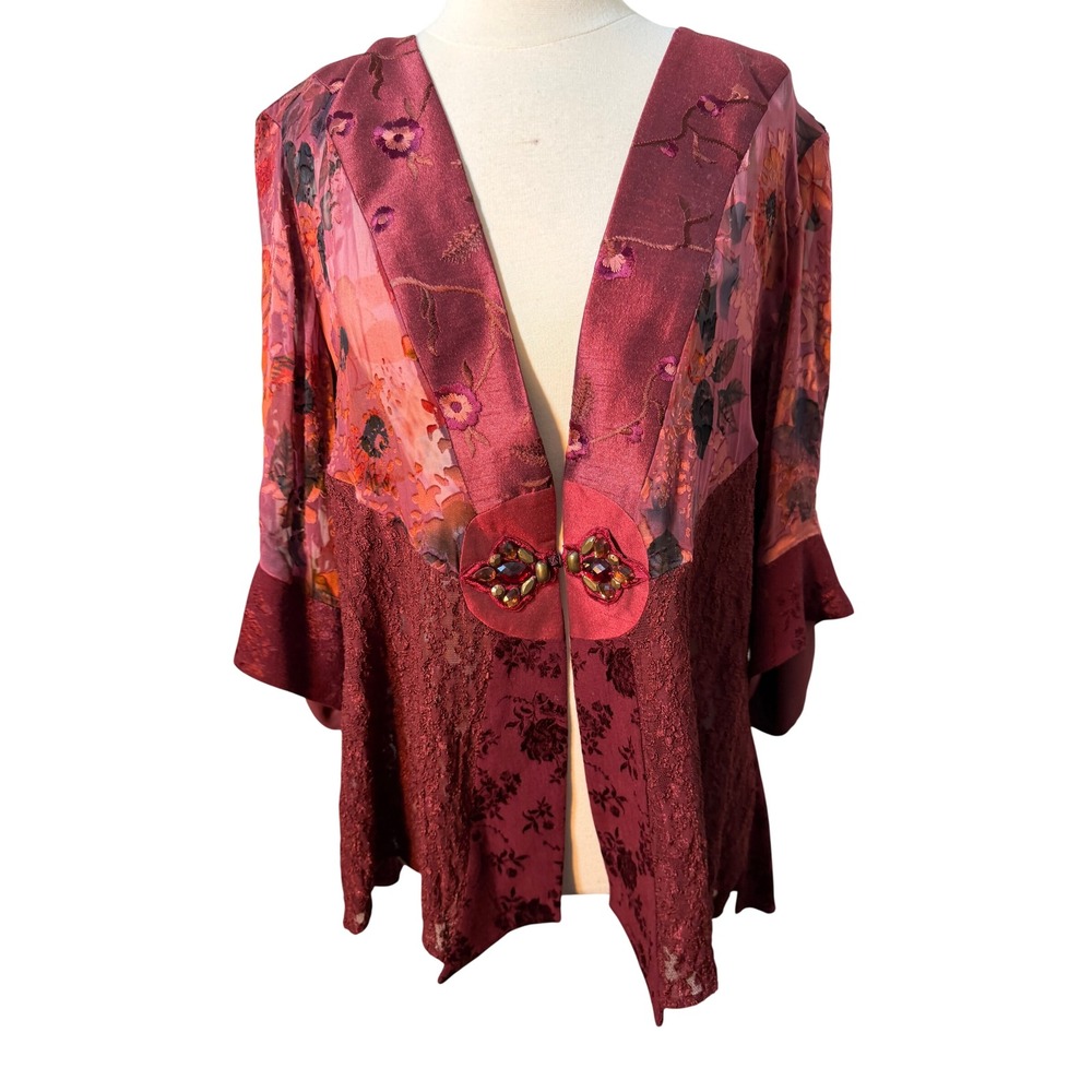Violet Kay Burgundy Floral Burnout Velvet Silk Lace Cardigan Jacket 1X RED15W